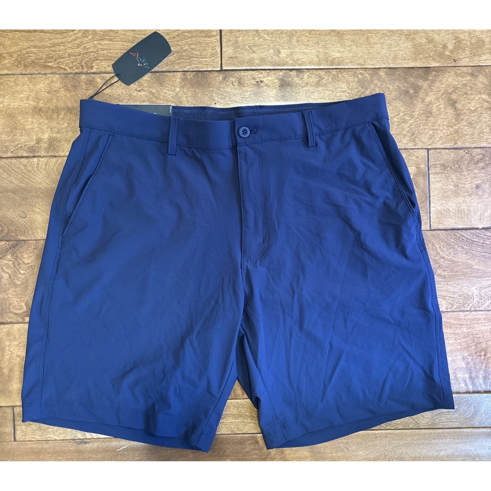 Greg Norman Men Golf Shorts Navy Sz 36 Performance Stretch Flat Front UPF 50 NEW